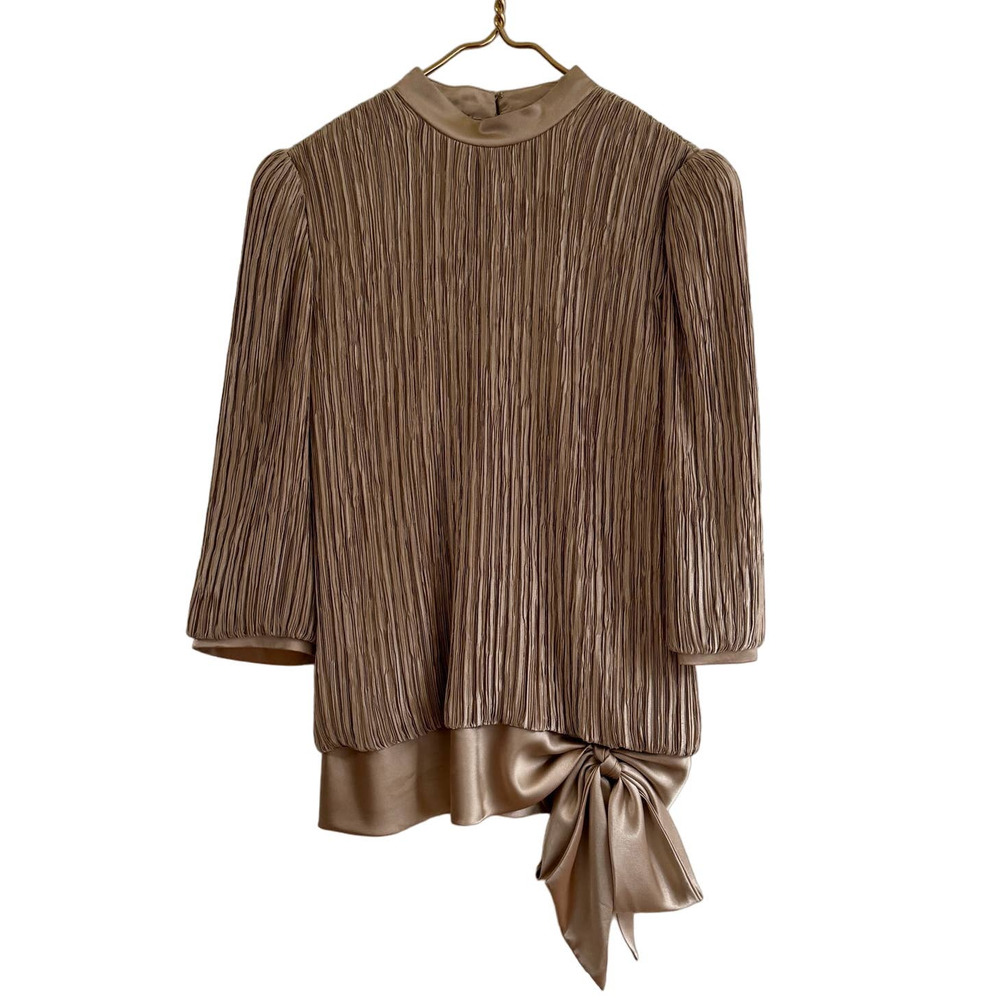 Vintage 1980's Pierre Labiche Gold Bow Detailed Pleated 3/4 Sleeve Blouse Sz 14
